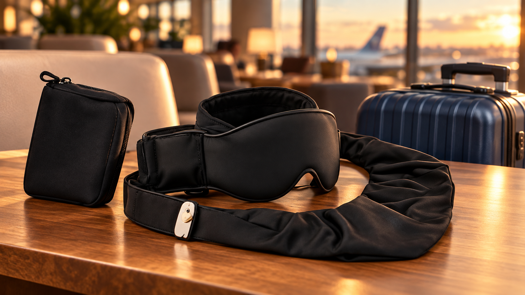 Black support set and pouch beside carry-on luggage in an airport lounge