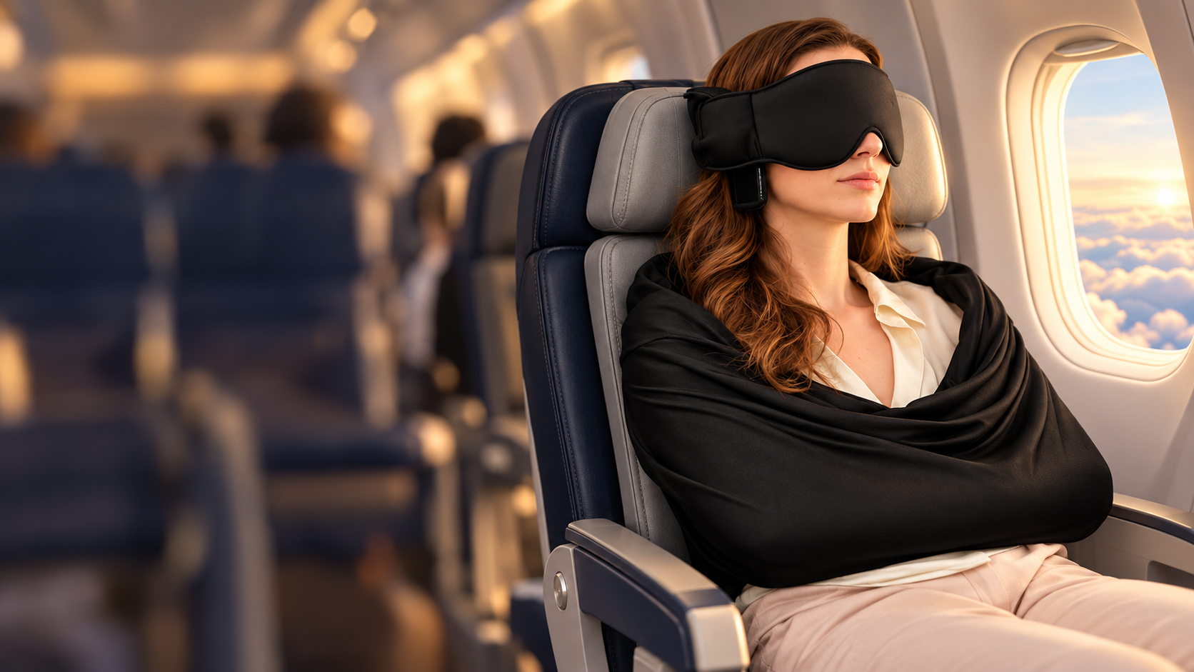 Traveller resting upright with black head support and arm sling on an airplane