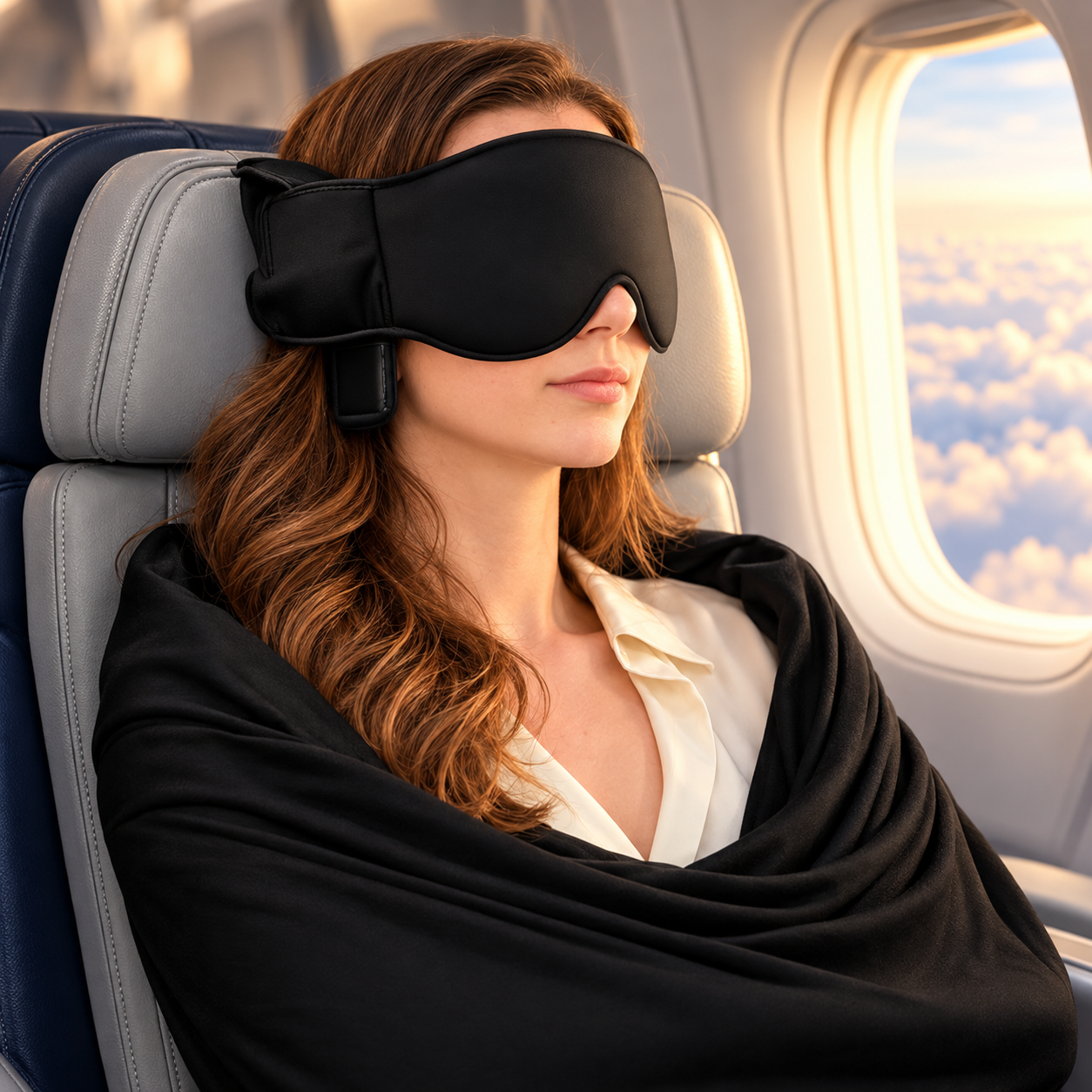 Close view of the head support against an airplane headrest