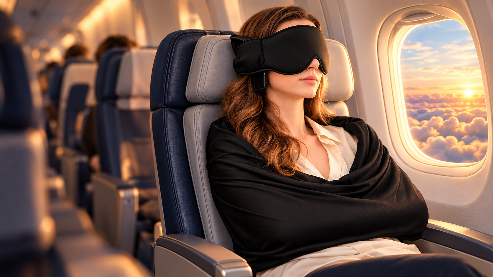 Traveller using the support set beside a sunlit airplane window
