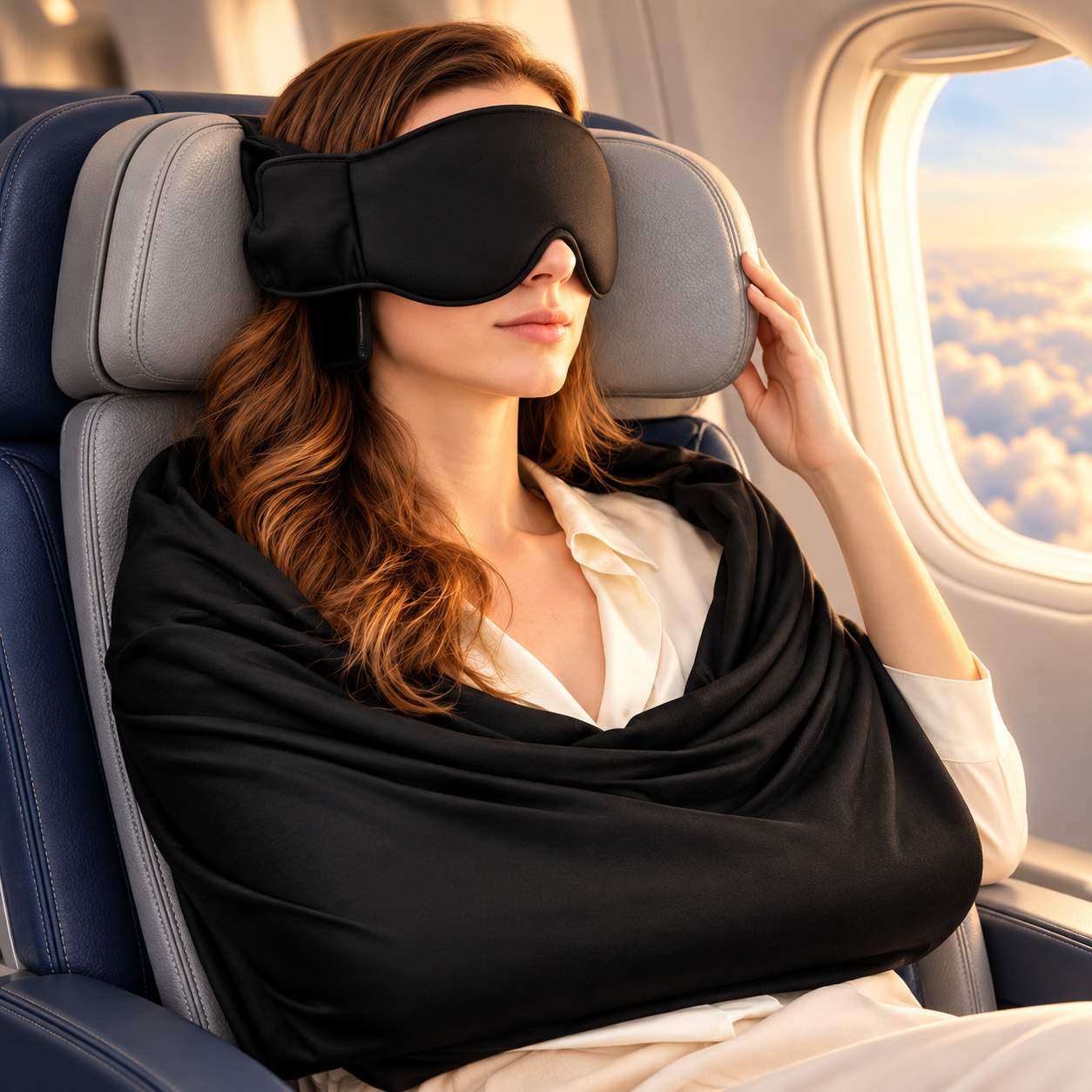 Illustration of an adjustable airplane headrest