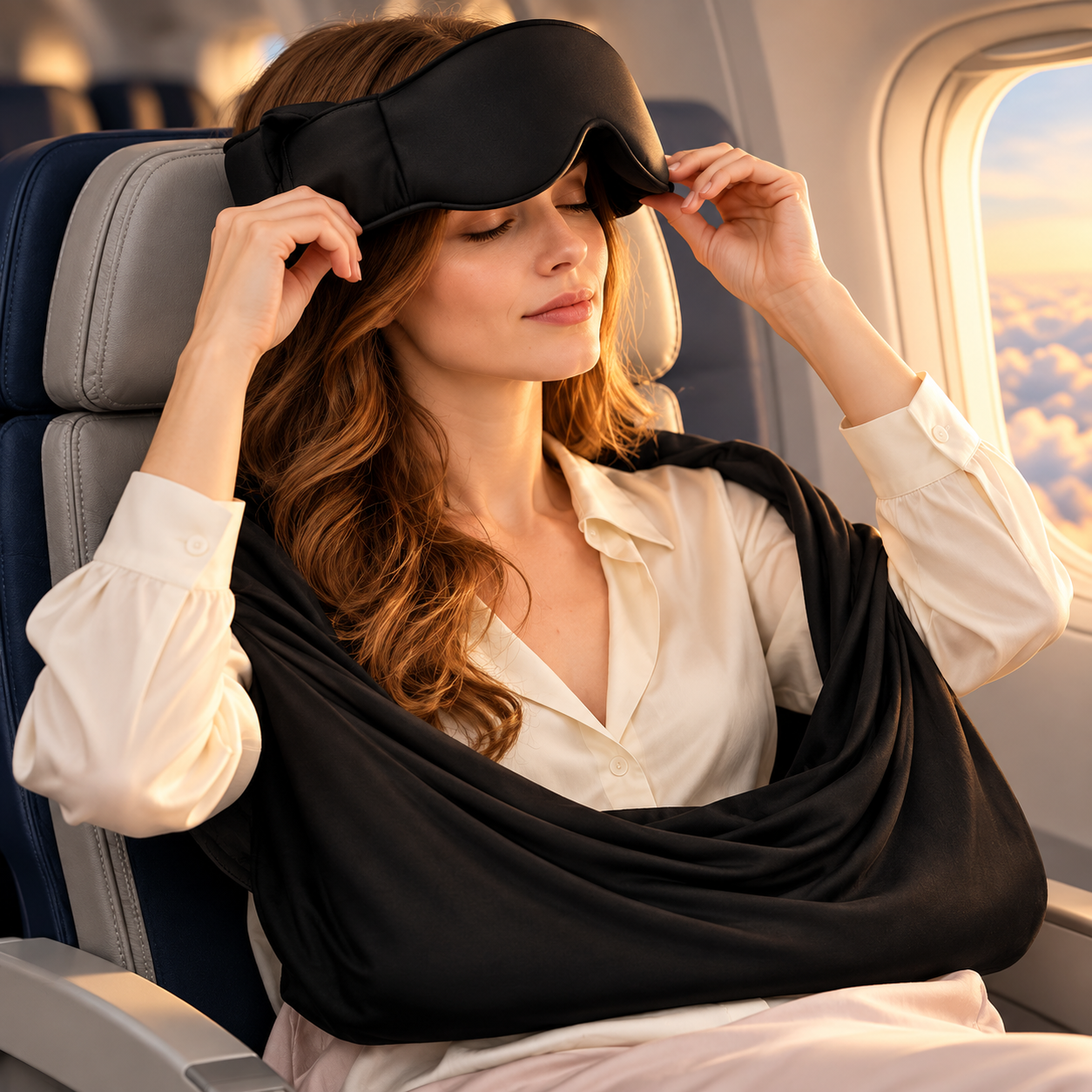 Traveller lifting the eye mask while seated