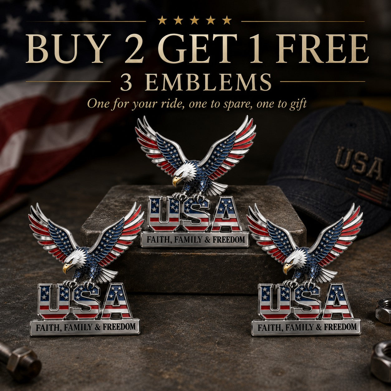 🇺🇸250th Anniversary 49% OFF - ★A Patriot's Legacy: The Premium "Faith, Family, Freedom" Metal Crest
