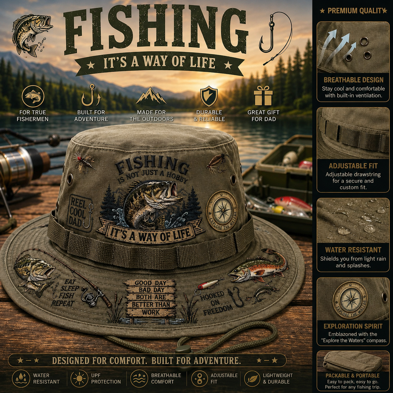 Fishing Is a Way of Life Wide-Brim Fishing Hat-1