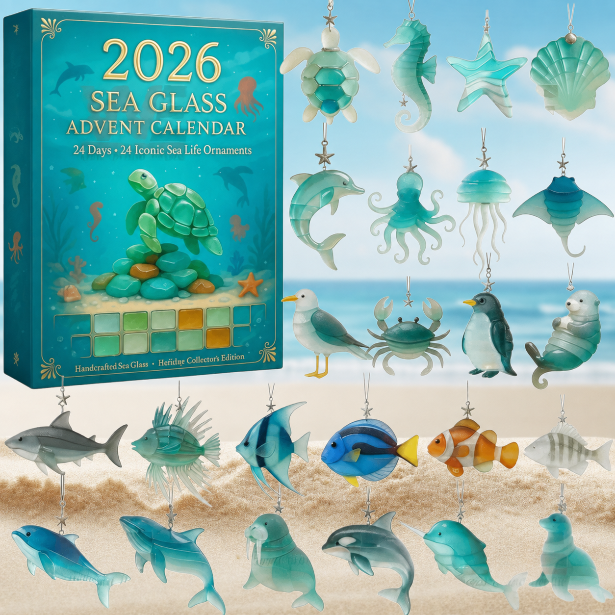 🐟2026 Ocean Wonders Advent Calendar – 24 Sea Glass-Inspired Marine Life Ornaments-1