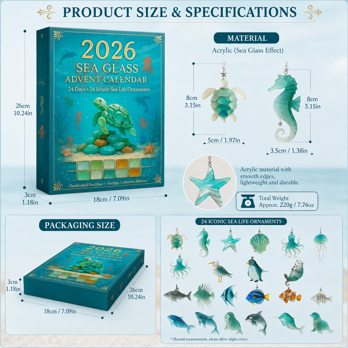 🐟2026 Ocean Wonders Advent Calendar – 24 Sea Glass-Inspired Marine Life Ornaments