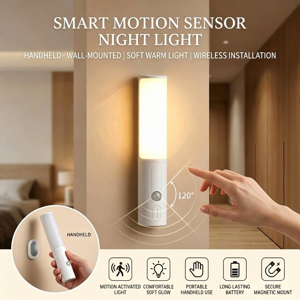 Smart Motion Sensor Night Light – Rechargeable Wireless LED Light for Safer Nights at Home