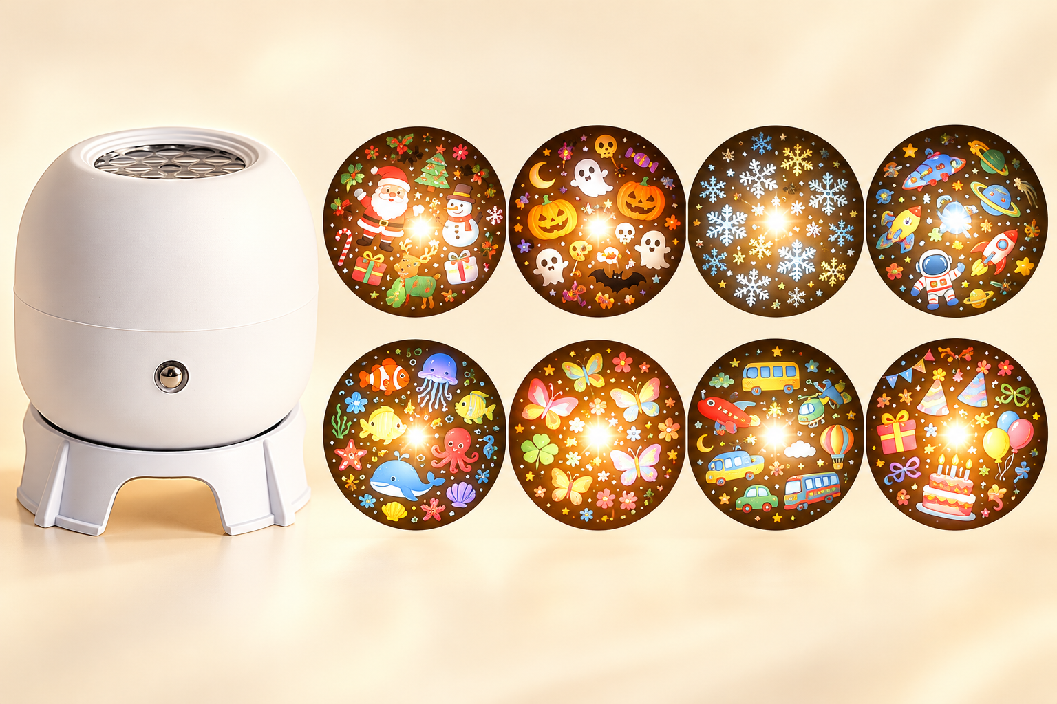 8-in-1 projector with Christmas, Halloween, Snowflakes, Space, Ocean, Butterflies, Vehicles and Birthday themes